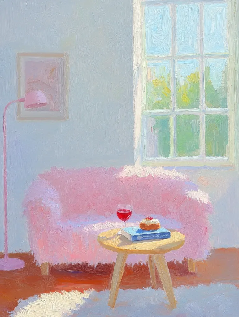 The painting depicts a cozy living room with a pink fluffy couch positioned in front of a window that looks out to a sunny, leafy scene.  A small wooden table sits in front of the couch,  holding a glass of red wine, a pastry and a book.  A floor lamp stands to the left.  The soft, pastel tones evoke a sense of peace and tranquility.