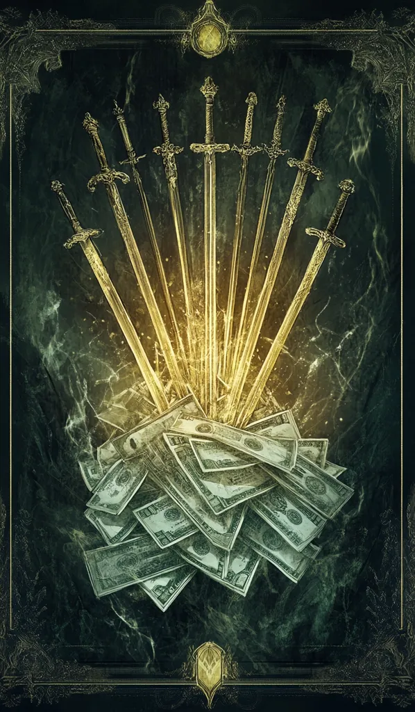 A stylized image with nine golden swords, radiating out like a sunburst, their tips piercing a large pile of US dollar bills. The swords are surrounded by an abstract green background with a golden border, and a decorative design at the top and bottom. The image evokes a sense of power and wealth, suggesting a potential connection between the two concepts.