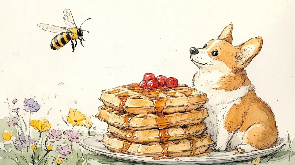 A watercolor illustration depicting a cute corgi sitting next to a stack of waffles with syrup and cherries, looking up at a bee flying overhead. The scene is set in a meadow with wildflowers. The image is drawn with a delicate and whimsical style.