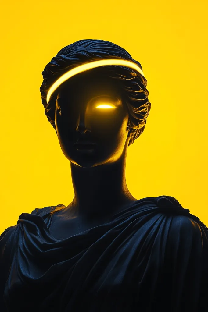 The image shows a black and white statue of a woman with a glowing halo around her head. The statue is against a bright yellow background. The woman's face is obscured by shadow, but her eye is lit up by the halo. The image is a surreal and striking representation of beauty and mystery.