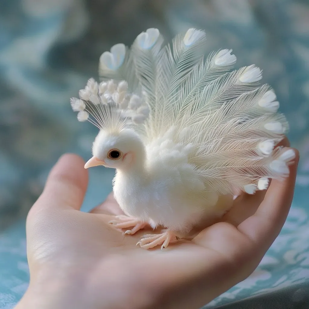 A small, white bird with a fan of white feathers sits on a person’s open palm. The bird has pink feet and a white beak. It’s positioned on the person’s hand with its tail feathers fanned out behind it, almost like a miniature peacock. The background is a blurry teal and blue pattern. The bird’s feathers are soft and fluffy.  The image is soft and light, giving a sense of gentleness and peace.