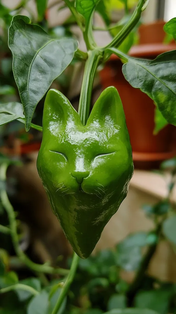 A green pepper shaped like a cat's face hangs from a plant. The pepper is glossy and has a cute, cartoon-like expression with closed eyes and a small nose. The plant has large, green leaves and is growing in a pot. The background is out of focus, showing other plants and a blurry, warm-toned surface.