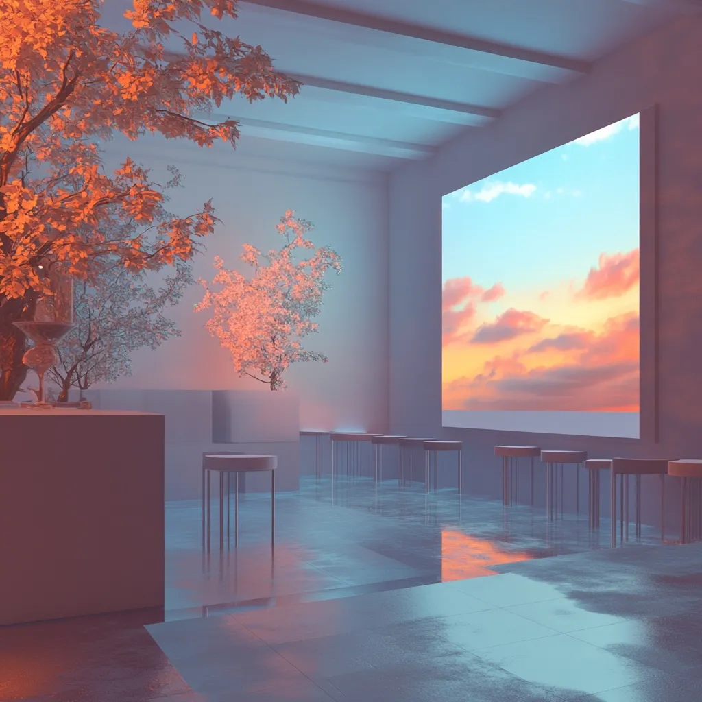 The image depicts a minimalist interior space with a large window overlooking a picturesque sunset. The room is furnished with white counters and a row of stools, creating a serene and inviting atmosphere.  The light filtering through the window casts a warm glow on the floor, creating a sense of tranquility and reflection. The image evokes a feeling of peace and contemplation, inviting the viewer to escape into the beauty of the sunset.