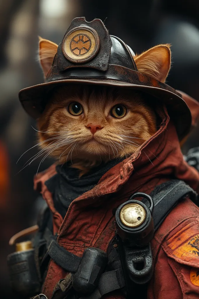 A ginger cat wearing a firefighter's helmet and jacket with a serious expression on its face. The cat is looking directly at the camera, and its eyes are wide open. The helmet is old and worn, and the jacket is dirty and has several patches on it. The cat is also wearing a black belt with a flashlight attached to it. The background is blurred.