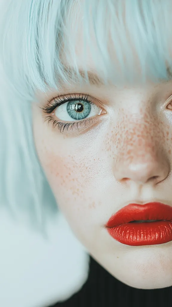 The image shows a close-up of a woman's face. She has light blue hair, pale skin with freckles, and bright blue eyes. Her lips are painted a bold red. The image is soft and dreamy, with a focus on the woman's beauty. The light is soft and diffused, creating a subtle glow on her skin. The woman's expression is calm and serene, suggesting a sense of peace and tranquility.