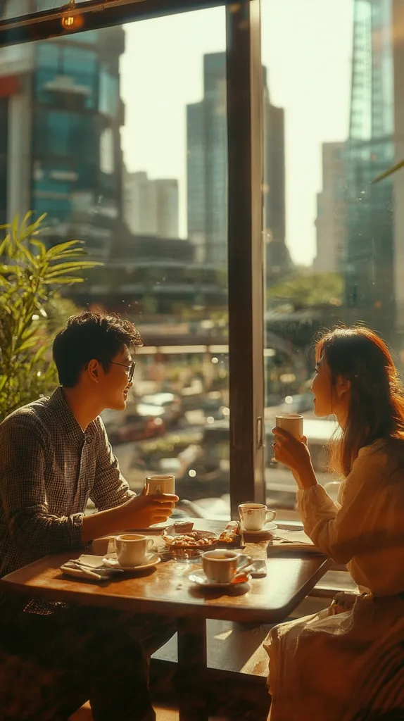 A couple sits at a table by a large window, enjoying coffee and a pastry. The man is wearing a plaid shirt and the woman is wearing a beige dress. They are both smiling and looking at each other. The window offers a view of a city skyline. The warm sunlight bathes the scene in a soft glow.