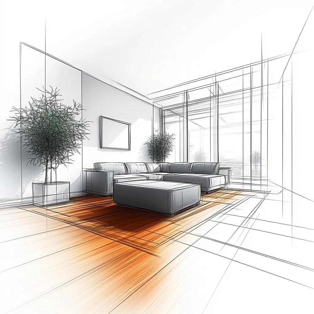 A sketch of a modern living room with a large sectional sofa, a coffee table, a potted plant, and a large window. The room is still under construction, with lines and shapes indicating where the walls, floor, and furniture will be. The sketch is in a simple, clean style with a light, airy feel.