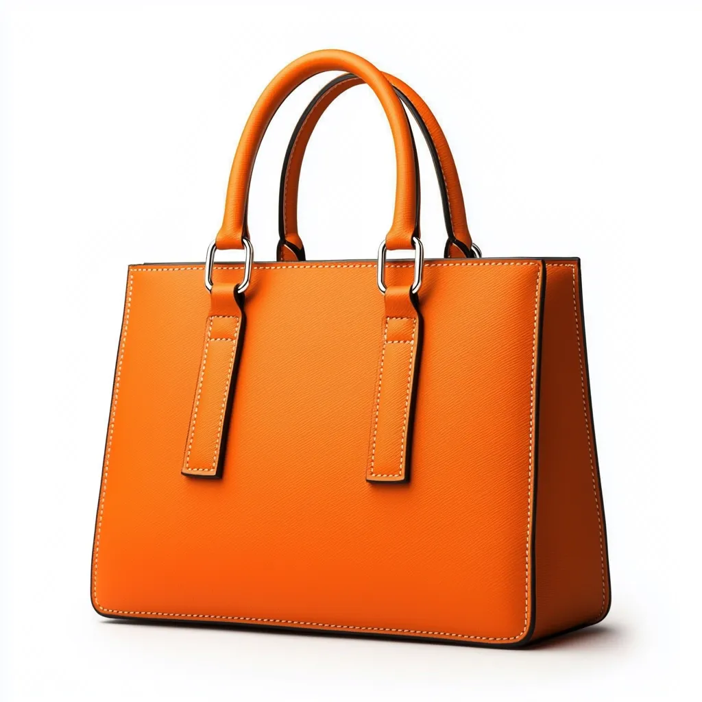 A bright orange leather handbag with silver hardware. The bag has a structured, rectangular shape and two top handles. The bag is sitting on a white surface. It is a classic and stylish design.