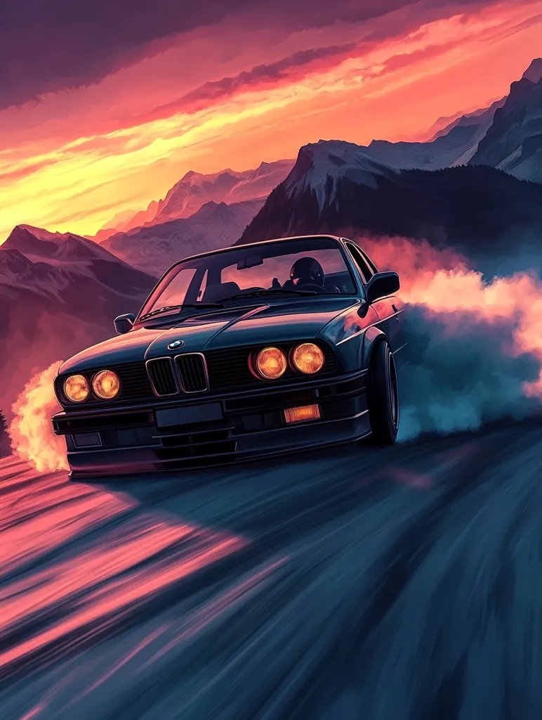 A black BMW car drifts around a bend on a mountain road, leaving a trail of smoke behind it. The car is in focus, while the background of snow-capped mountains and a colorful sunset is blurred. The image has a retro aesthetic and captures the thrill of driving.