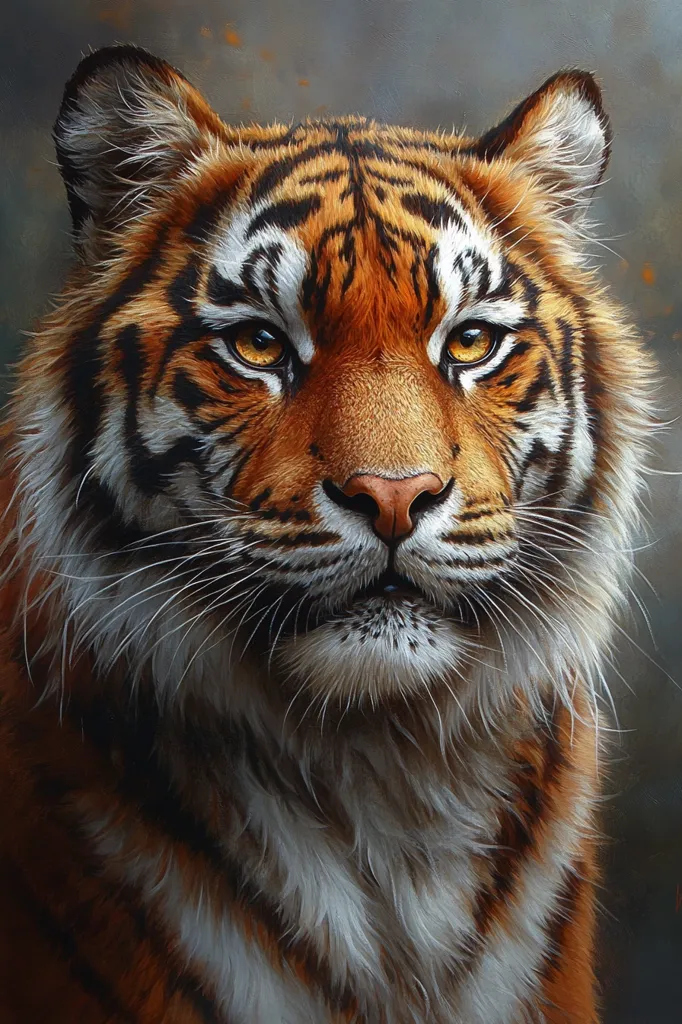 The image depicts a close-up portrait of a tiger. Its fur is a vibrant orange and black, with white stripes and patches. The tiger's eyes are piercing and alert, and its whiskers are long and prominent. The image is well-lit, highlighting the details of the tiger's fur and features. The background is a soft, blurred grey, creating a sense of depth and focusing the viewer's attention on the tiger. The image conveys the power and beauty of this majestic animal.
