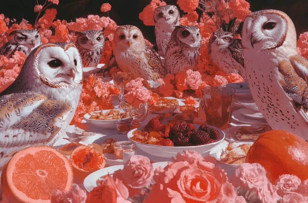 A group of owls are gathered around a table laden with fruit, flowers, and other delicacies. The owls are all white and brown with large, expressive eyes. The table is set with plates, bowls, and glasses. The scene is bathed in a soft, warm light. The image is surreal and dreamlike, with a whimsical, fairytale quality.