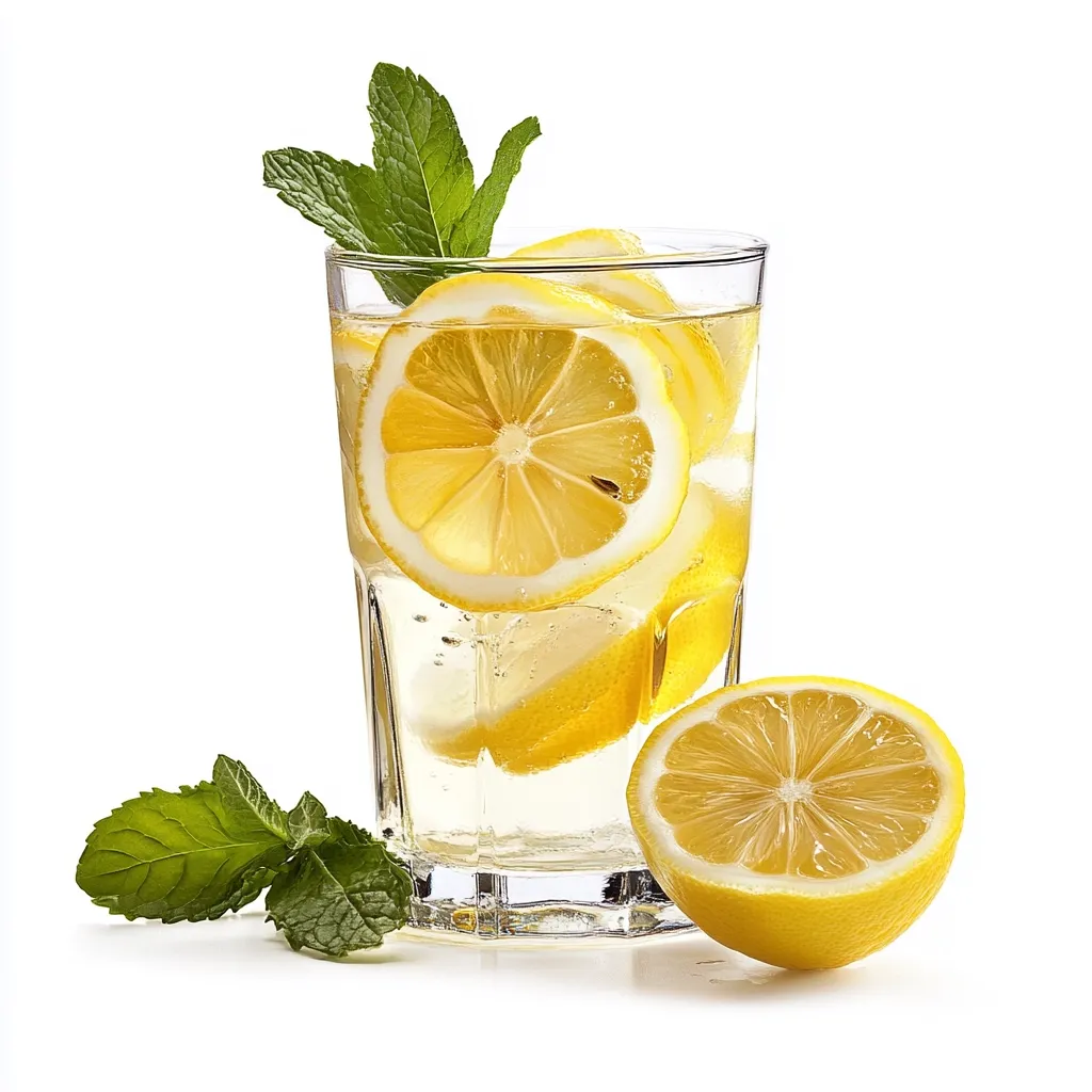 A tall glass filled with ice, lemon slices, and sparkling water.  A sprig of mint rests on the rim of the glass. A single lemon slice sits beside the glass, highlighting the refreshing nature of the beverage. The image is set against a white background, emphasizing the vibrant colors of the drink.