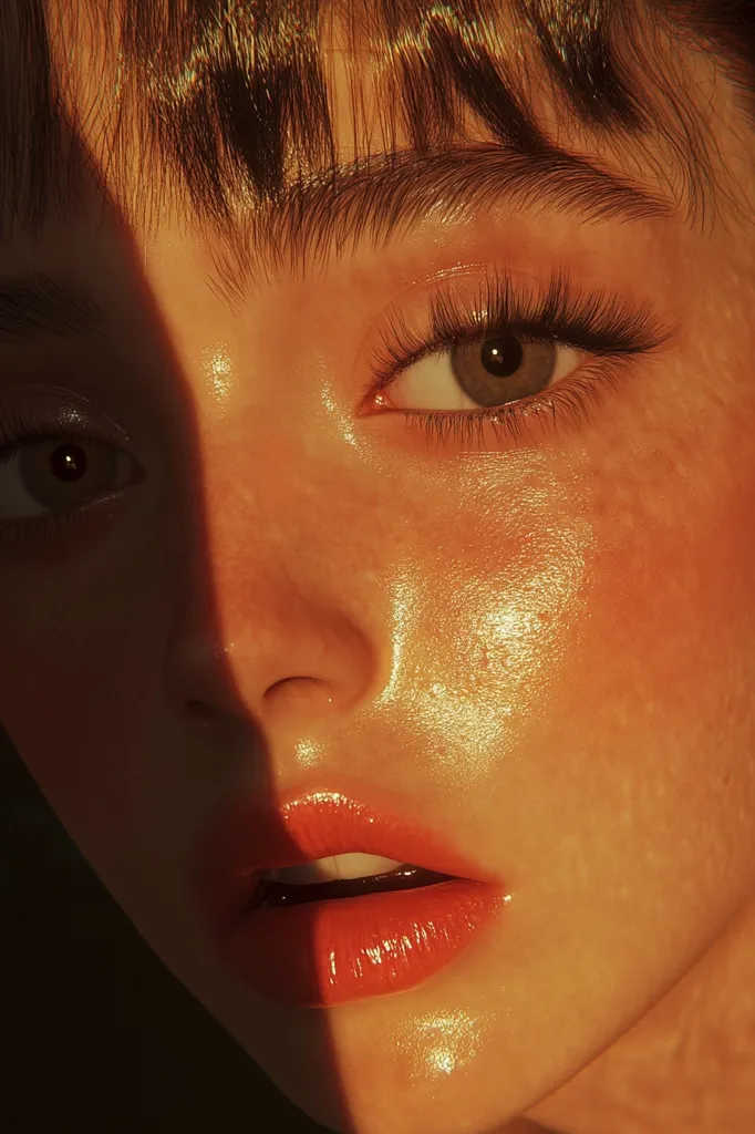 A close-up of a woman's face, bathed in warm, golden light. Her skin is glowing, and her lips are painted a vibrant red. The light casts a shadow across her face, creating a dramatic contrast. Her eyes are a soft green, framed by long lashes. The image is a beautiful and ethereal portrait of youthful beauty.