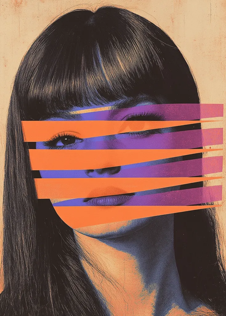 The image is a portrait of a woman with long dark hair and bangs. Her face is obscured by a pattern of overlapping orange and purple stripes, creating a geometric and abstract effect. The image is stylized with a vintage, faded aesthetic, giving it a retro feel. The overall mood is mysterious and somewhat enigmatic, hinting at a hidden identity or a sense of veiled emotions.