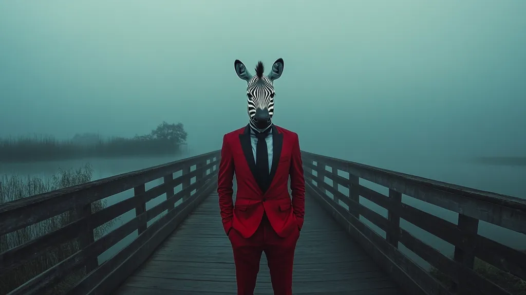 A person wearing a zebra mask and a red suit stands on a wooden bridge, looking straight ahead. The bridge stretches out into a dense fog, obscuring the surrounding landscape. The fog is thick and heavy, giving the image a mysterious and unsettling feel.  The contrast between the bold red suit and the dark, misty environment is striking, creating a sense of unease.