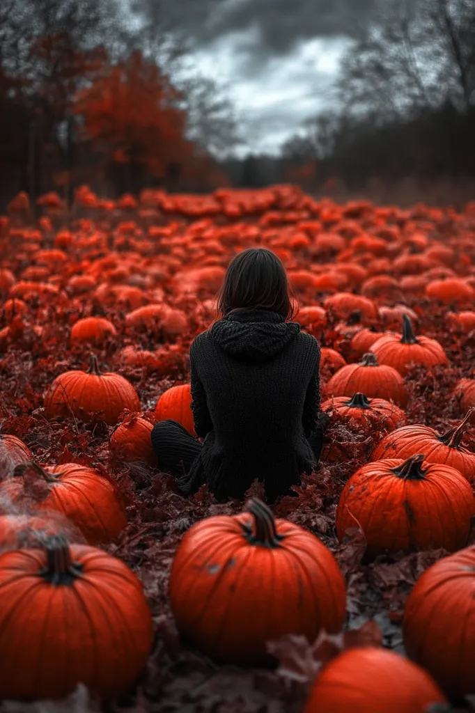 A lone figure, dressed in black, sits amidst a sea of bright orange pumpkins. The pumpkins are scattered across a field of autumn leaves, creating a vibrant and colorful scene. The figure's back is turned to the viewer, adding an element of mystery to the image. The overcast sky above casts a soft, ethereal glow on the scene.