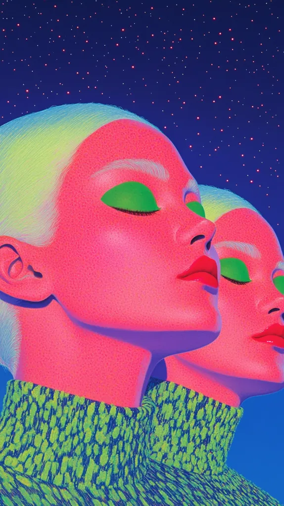 The image depicts two women's faces with glowing pink skin and closed eyes. They are wearing bright green and blue sweaters. Their faces are turned slightly away from each other. The background is a dark blue night sky with scattered red stars. The image is a surreal and dreamlike depiction of two women.