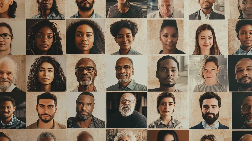 The image features a grid of 36 individual portraits of diverse people, each framed in a beige rectangle. The people are of varying ages, ethnicities, and genders, representing a wide range of human diversity. The neutral background and serious expressions create a sense of formality and a focus on the individual faces.