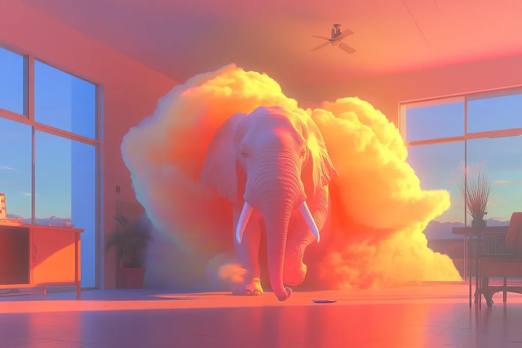 A large, pink elephant emerges from a swirling cloud of yellow and orange, its massive form filling the room.  Sunlight streams through the windows, bathing the scene in a warm glow. The elephant's trunk and tusks are prominent, and its eyes are fixed on the viewer. The scene is both surreal and captivating, evoking a sense of wonder and awe.