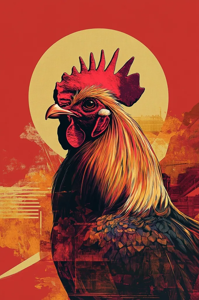 A stylized rooster with a red and black face and a yellow and orange comb is depicted in a vibrant red, orange and yellow color scheme. There is a large circle behind the rooster that looks like a rising sun. The background is abstract, with some geometric shapes and blurry lines. The rooster has a sharp, fierce expression and a determined stance. The artwork has a bold and graphic style, with strong lines and contrasts.