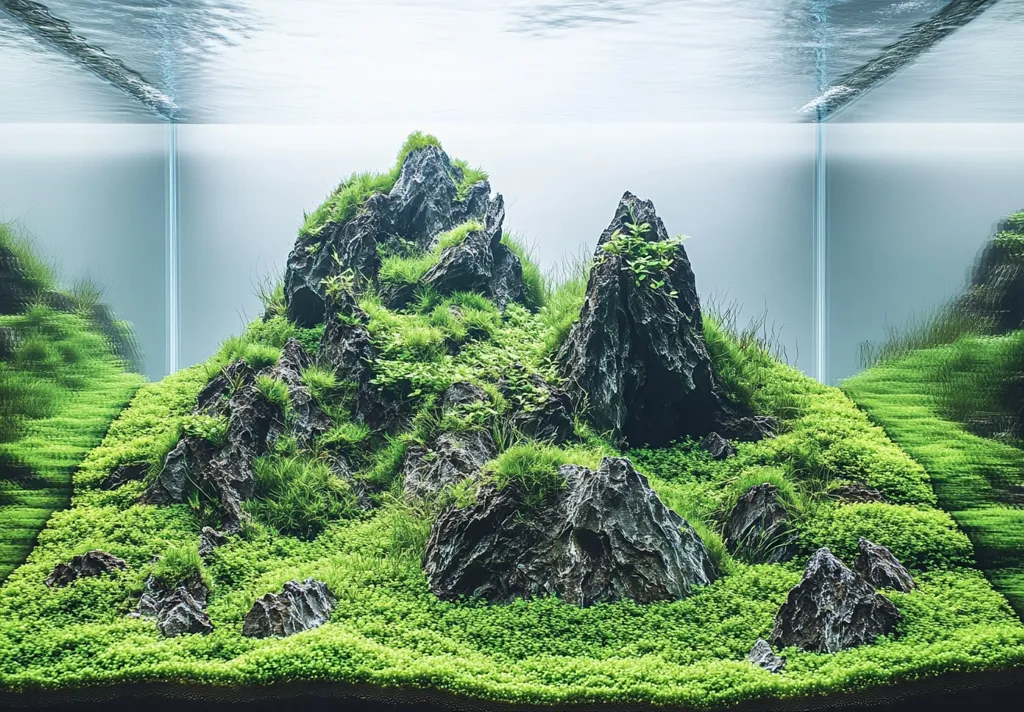 A lush green aquarium with a mountainous landscape.  The aquarium is filled with water, giving the appearance of a small underwater world.  The mountains are made of black rocks and are covered in a variety of plants, including ferns, mosses, and grasses. The overall effect is calming and peaceful.