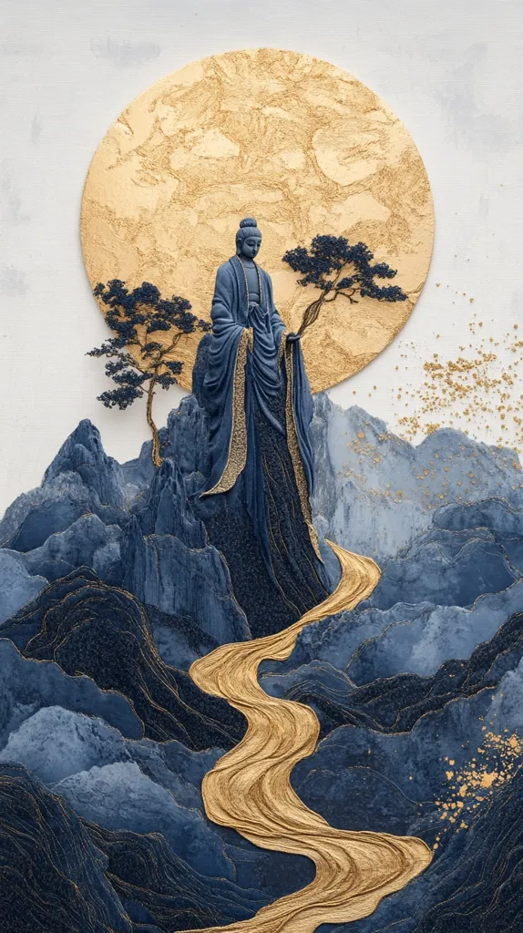 The image is a minimalist, abstract depiction of a serene landscape. A blue, draped figure stands atop a blue mountain with a golden, circular shape behind it. A golden river flows through the blue mountains, leading the viewer's eye towards the figure. The background is a pale blue with scattered flecks of gold. The image conveys a sense of peace and tranquility, suggesting a spiritual journey or a contemplative state.