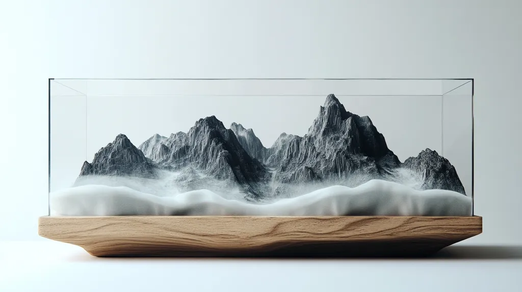 A glass cube sits on a wooden base and contains a miniature mountain range. The mountains are made of a dark gray material and appear to be covered in fog or mist. The base of the mountains is covered in white sand. The overall effect is serene and minimalist.