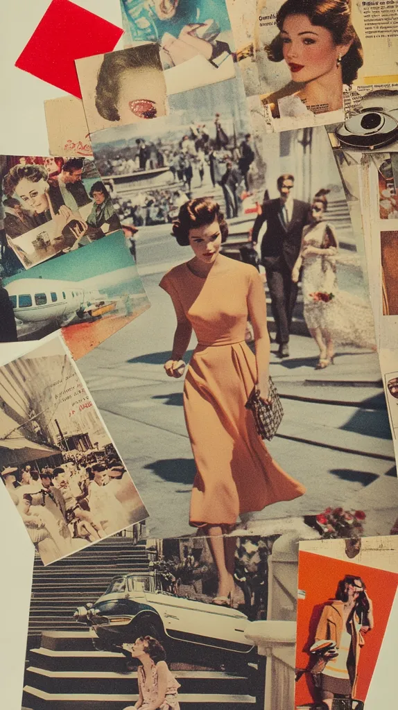 The image is a collage of vintage magazine clippings. It features a woman in a peach dress, walking down a city street, with a man and woman walking behind her. Other clippings show people in various settings, including a man and woman on a beach, a group of people on a city street, and a woman in a car. The overall tone of the image is nostalgic and whimsical.