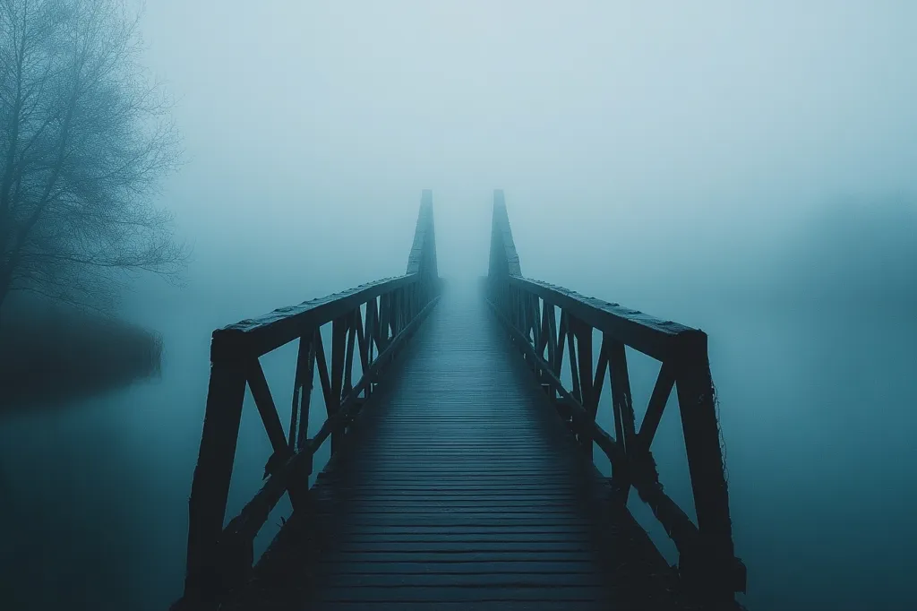 A wooden bridge extends into a thick fog, disappearing into the distance. The fog obscures the surroundings, creating a sense of mystery and isolation. The bridge is made of dark wood, with a simple design of diagonal supports. The water beneath the bridge is also shrouded in mist, adding to the ethereal atmosphere.