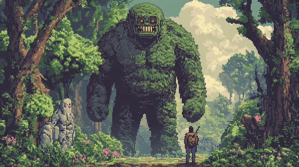 A pixelated image depicting a giant, humanoid creature covered in green foliage, standing in a dense forest. The creature has a menacing expression and appears to be made of moss and leaves. In the foreground, a small, pixelated figure stands before the giant, seemingly dwarfed by its size. The background is a blur of trees and foliage, with a hint of sky visible through the canopy. The overall impression is one of mystery and wonder, with a sense of both awe and trepidation.