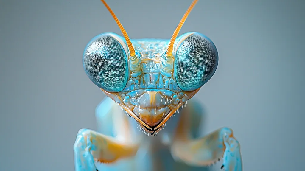 A close-up of a praying mantis's face, showcasing its large, vibrant blue eyes. Its antennae are extended forward, and the intricate details of its head are visible. The mantis has a pale blue and yellow body, with a slightly menacing expression. The background is a soft, light blue, highlighting the mantis's features.