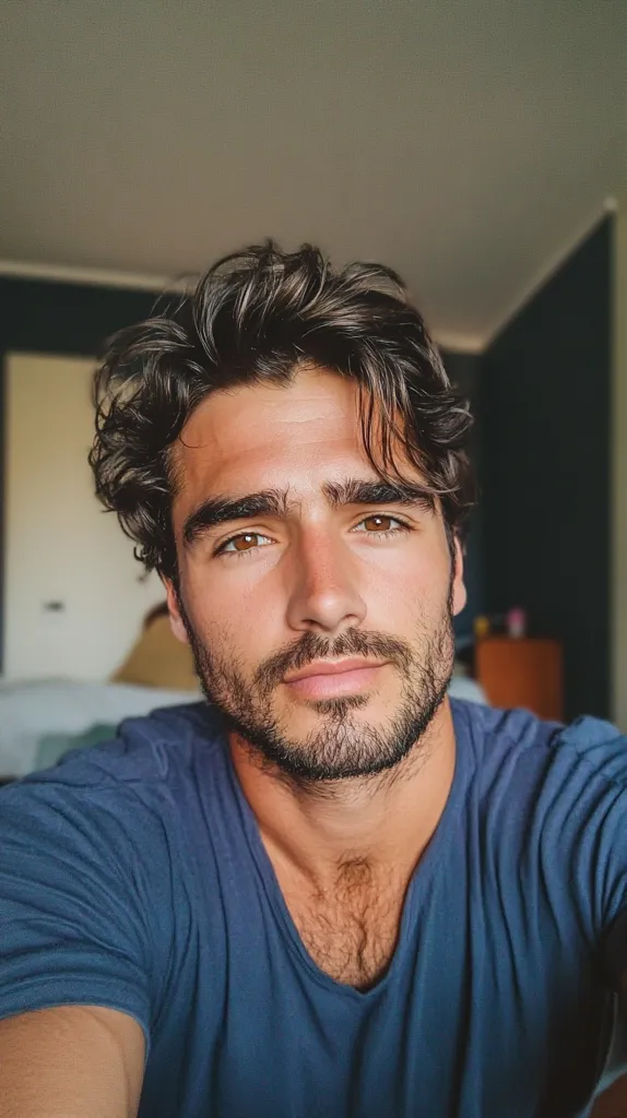 The photo shows a young man with dark brown hair, a neatly trimmed beard, and piercing hazel eyes staring directly at the camera. He is wearing a blue t-shirt and appears to be in a well-lit room, perhaps a bedroom. His posture is relaxed, and his expression is confident and slightly pensive. The image has a raw, intimate feel, as if captured spontaneously.