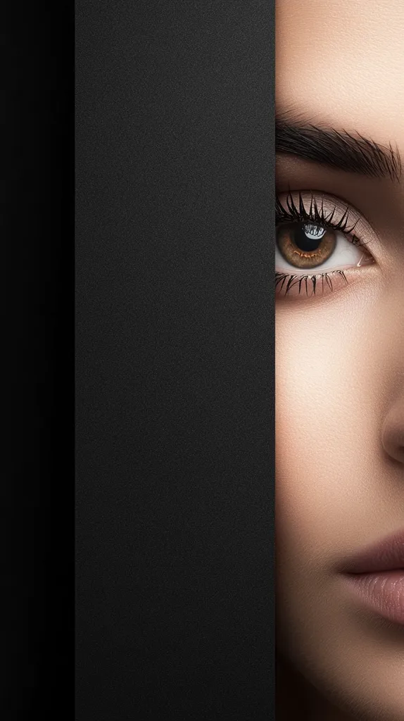 A woman's eye and part of her face are visible on the right side of the frame. The rest of the image is a black background. The woman's eye is looking directly at the viewer, and her eyebrow is defined. Her skin is smooth and flawless. The image is a close-up, and the focus is on the eye.  The contrast between the black background and the woman's skin creates a dramatic effect.