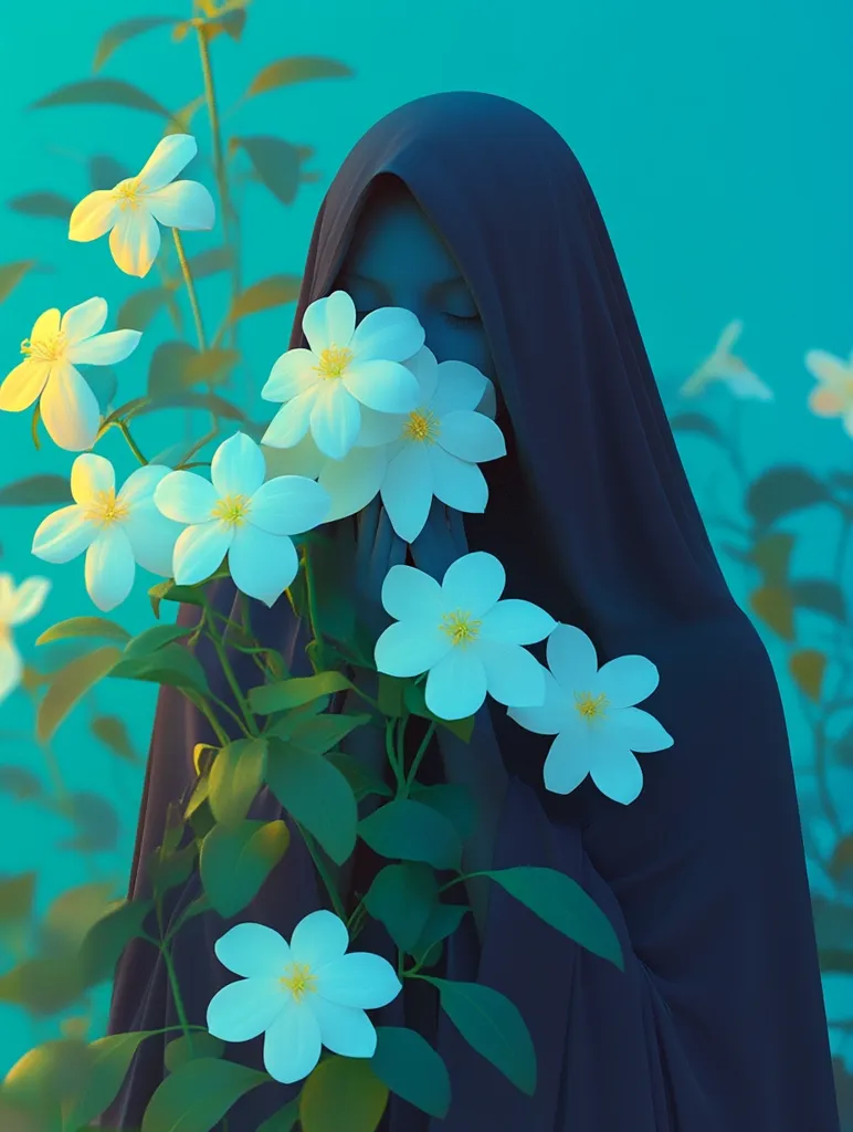 A woman in a black robe, with only her eyes visible, stands amongst a cluster of white flowers and green leaves. The background is a vibrant teal, highlighting the stark contrast between the woman's attire and the natural beauty surrounding her. The scene evokes a sense of mystery and tranquility, as if the woman is seeking solace amidst the vibrant nature.  The flowers, like her eyes, seem to gaze outwards, conveying a sense of silent observation.