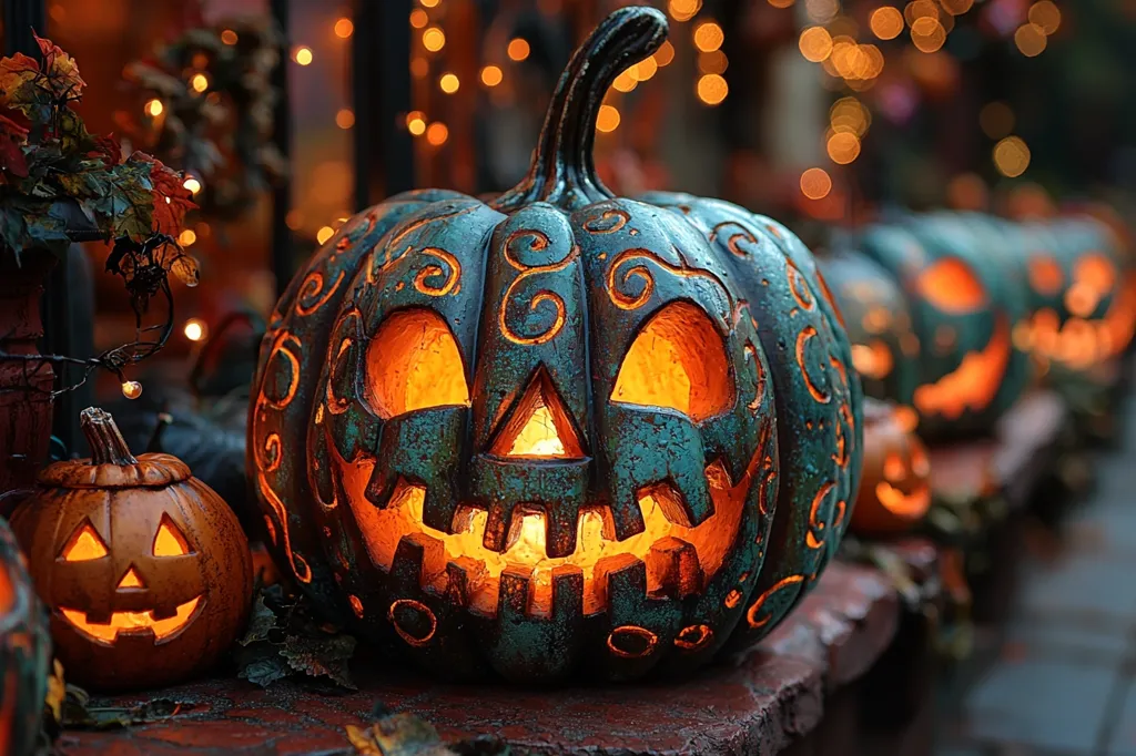A row of carved pumpkins sits on a ledge. The pumpkin in the foreground is teal and has a menacing grin with glowing eyes and teeth. The other pumpkins are carved with traditional jack-o'-lantern faces and are lit from within. The background is blurred with warm lights and autumnal colors.  The scene is festive and spooky, evoking the spirit of Halloween.