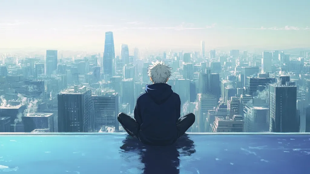 A lone figure sits on the edge of a rooftop pool, gazing out at a sprawling cityscape. The city stretches into the distance, with tall buildings and hazy skies. The figure is dressed in a dark hoodie, and their white hair stands out against the blue tones of the scene. The overall mood is contemplative and introspective.