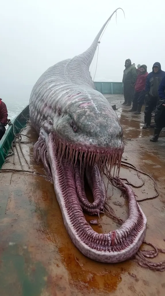 The image shows a large, dead sea creature with a long, thin body and a large, gaping maw full of sharp teeth. The creature appears to have been caught on a boat, with several people standing around it. The creature's body is pale and fleshy, and its skin is covered in small scales. The creature's eyes are black and staring, and its mouth is open wide, revealing its teeth. The background of the image is blurry, suggesting that it was taken on a misty day. The image evokes a sense of wonder and mystery, as it depicts a creature that is both beautiful and frightening.