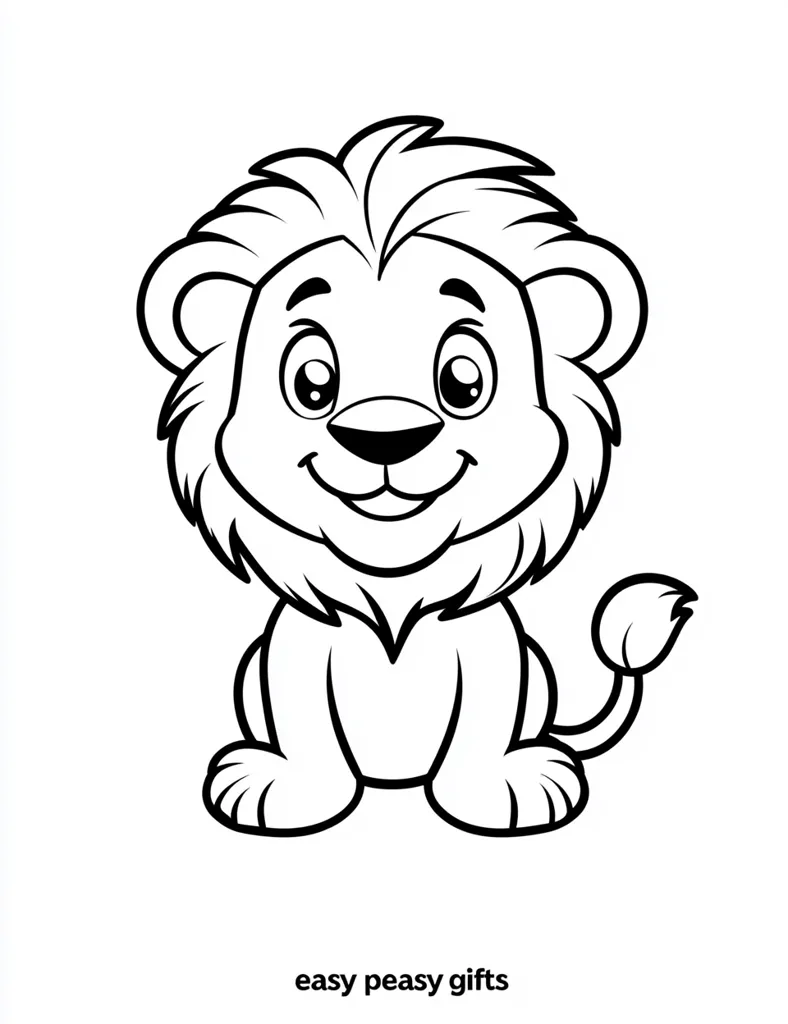 The image is a black and white outline drawing of a cartoon lion. It has a large mane, big eyes, a small nose, and a small tail. It is sitting down with its paws tucked under its body. The lion is smiling and looks happy. The drawing is simple and whimsical, perfect for coloring.
