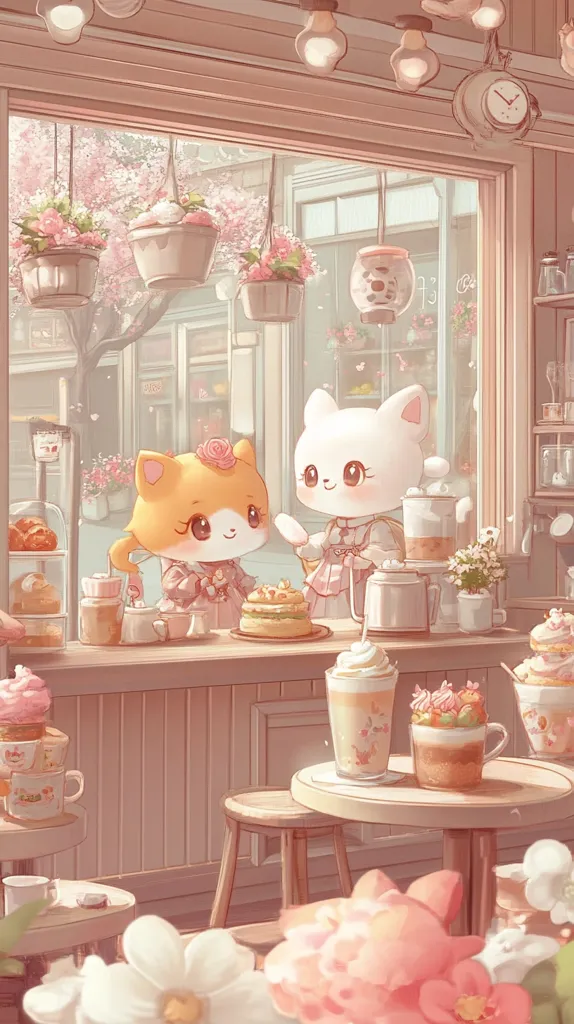 A cute cartoon cafe scene with two animal characters. A white cat in a pink dress and an orange cat in a pink dress are standing in front of a counter filled with pastries and drinks. The cafe has a cozy, pink and white color scheme, with hanging flowers, light fixtures and pastel-colored details. The image is drawn in a soft and whimsical style, creating a dreamy atmosphere.