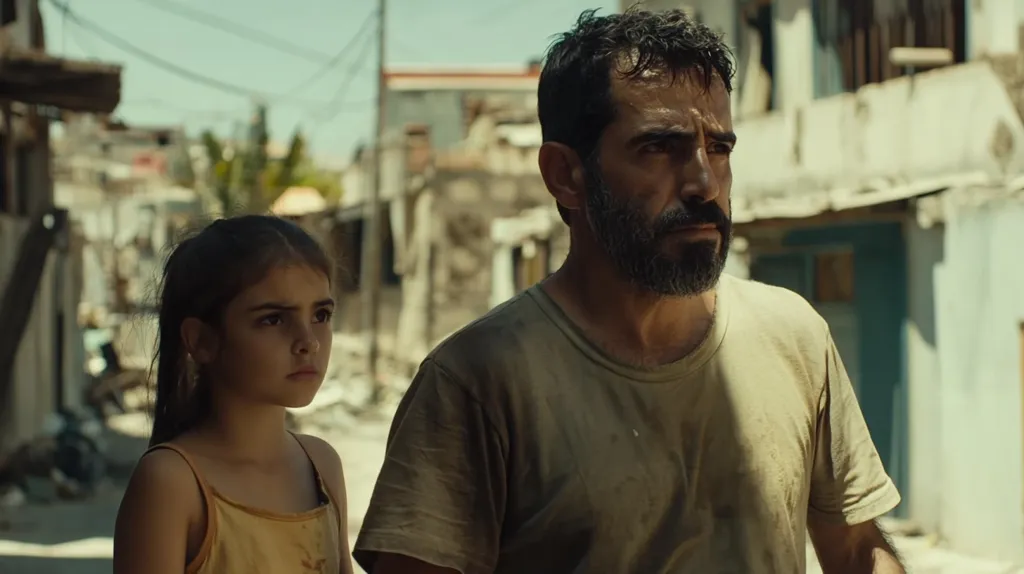 A man and a young girl walk down a street in a war-torn city. The man looks distressed, and the girl looks serious. They walk past destroyed buildings, and the scene is grim. The man wears a tan t-shirt and the girl wears a yellow tank top. The sun casts long shadows.
