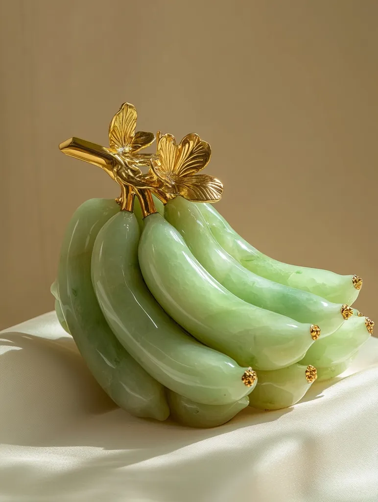 A jade sculpture of a bunch of bananas with a gold stem and leaves. The sculpture is sitting on a white surface and is illuminated by warm light.  The jade is a pale green color and the gold is shiny.  The sculpture is detailed and realistic.