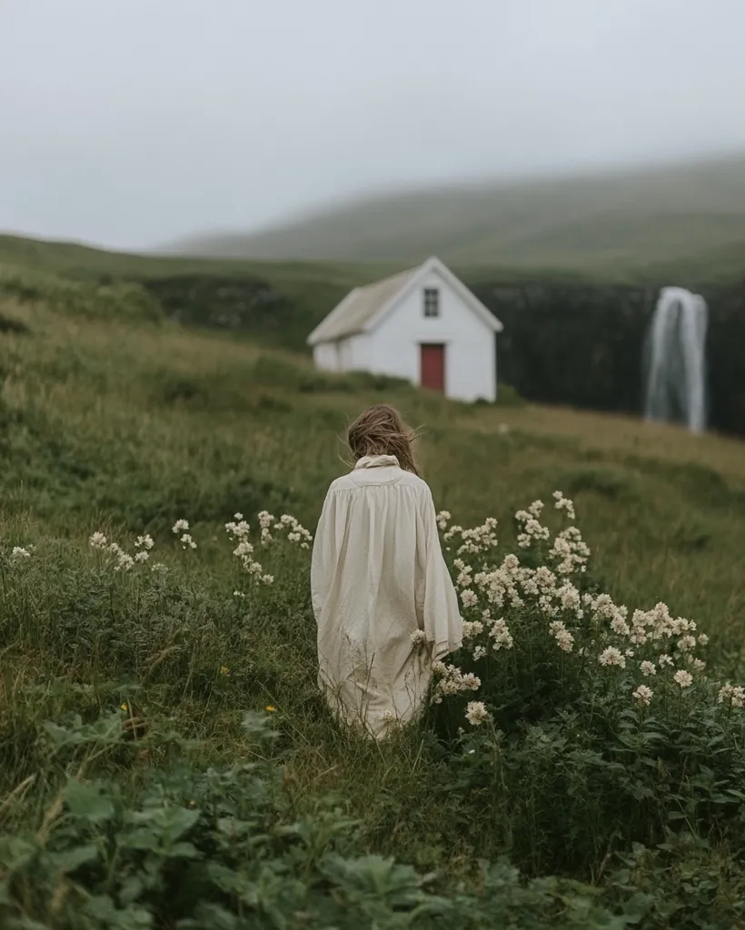 A woman in a long white robe walks through a field of white wildflowers. A small white house sits in the background, with a red door and a waterfall behind it. The sky is overcast, and the scene is serene and peaceful. The woman's back is to the viewer, suggesting a sense of mystery and solitude.