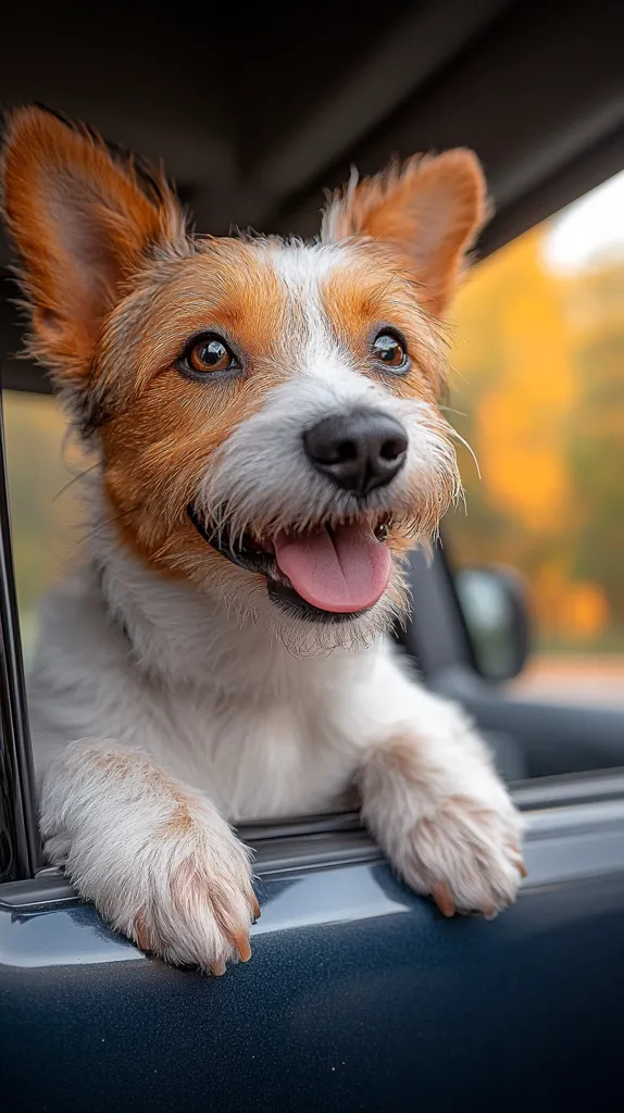 A small, white and brown dog with floppy ears is sticking its head and paws out of a car window. The dog is smiling and has its tongue sticking out. The dog is looking at the camera with a happy expression. The background is blurry, but it appears to be a forest with autumn leaves. The dog looks very happy to be on a road trip.
