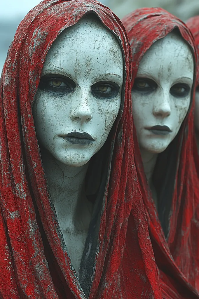 The image shows two women with pale, almost ghostly faces, wearing long red hooded robes. Their eyes are dark and intense, and their mouths are slightly open as if in a silent scream. The red fabric of their robes creates a stark contrast against their pale skin, and the texture of the fabric is visible. The image creates a sense of mystery and intrigue, leaving the viewer to wonder about the women's story.  The image is likely a depiction of an imagined fantasy or horror scenario.
