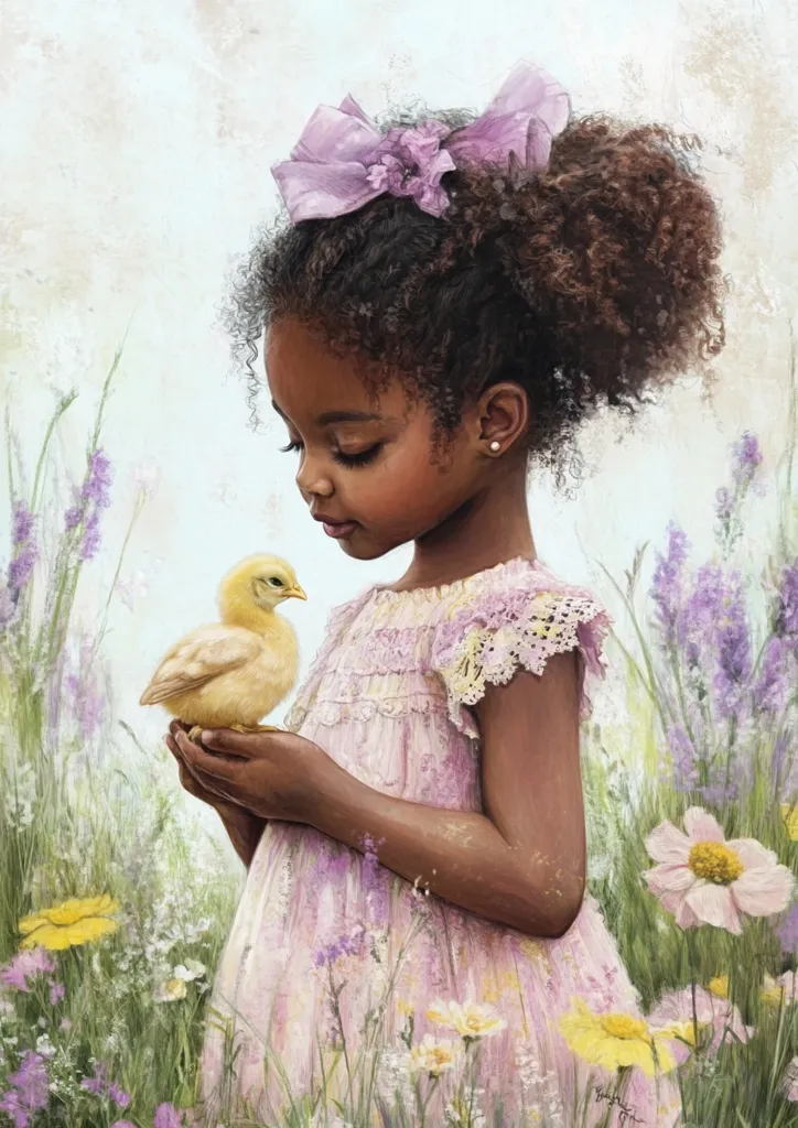 A young Black girl with curly hair and a pink bow is gently holding a yellow chick in her hands. She is wearing a pink dress with lace and standing in a field of wildflowers. The girl's expression is soft and gentle as she gazes down at the chick. The image evokes a sense of innocence and care.