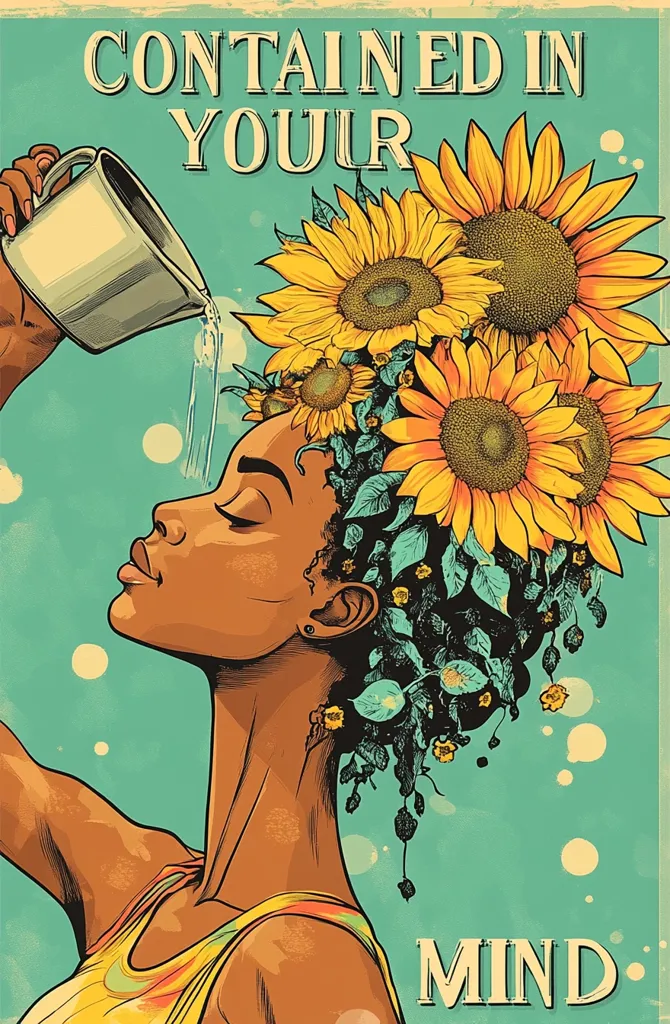 The image is a colorful and vibrant illustration of a Black woman with sunflowers blooming from her hair. She is pouring water from a pitcher onto her head, symbolizing growth and nourishment. The text "Contained in your mind" emphasizes the power and beauty within each individual. The overall tone of the image is positive, encouraging, and inspiring.