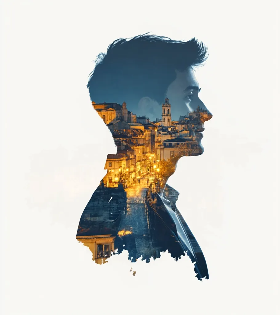 The image is a double exposure of a man's silhouette and a cityscape. The man's profile is facing the right, and the cityscape is superimposed over his head and torso. The cityscape is illuminated by streetlights, and the buildings are visible through the man's form. The image creates a surreal and abstract effect.