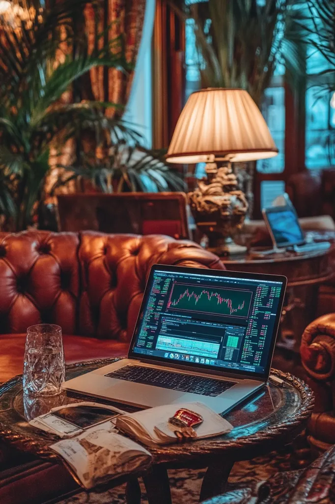 A laptop with a stock chart displayed on the screen rests on a wooden table next to a glass of water. The table is situated next to a large, brown leather sofa. A lamp with a cream-colored shade illuminates the scene, casting a warm glow over the room. The background features a lush green plant and a window looking out onto a brightly lit city. The overall atmosphere is one of tranquility and luxury.