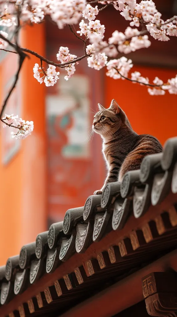 A tabby cat sits on a traditional Japanese roof, gazing upwards.  The cat's sleek fur contrasts with the dark tiles and the soft pink of the cherry blossoms cascading overhead. The orange background is a glimpse of the building's vibrant exterior. The scene evokes a sense of peace and tranquility.