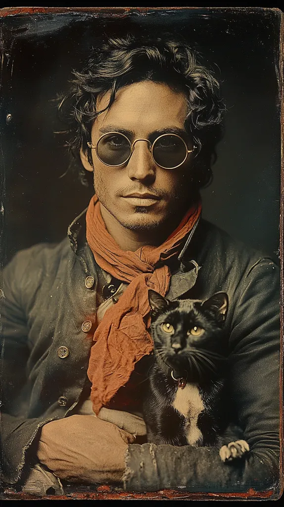 A man with dark hair and a serious expression wears round, gold-rimmed glasses and a long orange scarf. He holds a black and white cat in his arms, its eyes fixed on the camera. The man is dressed in a dark jacket with silver buttons. The image has a vintage, almost sepia-toned feel, giving it a historical look.